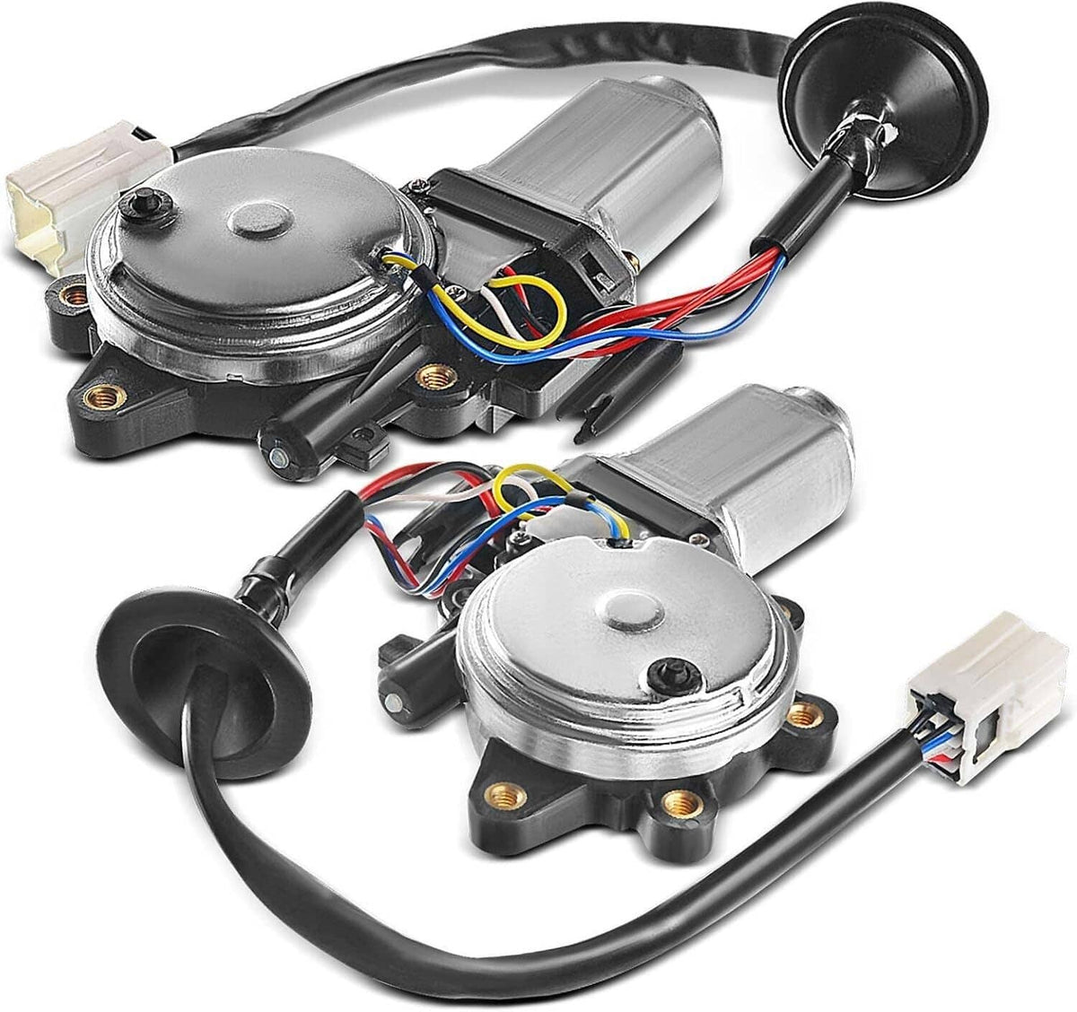 Front power window motor assembly set with two motors and attached black wiring