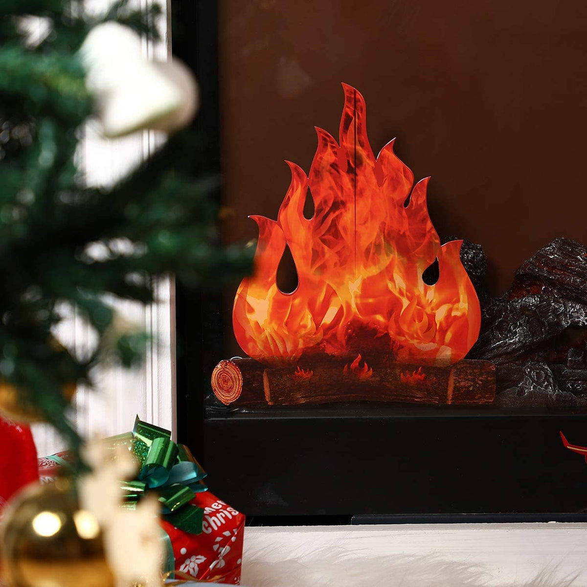 3D fake campfire flame centerpiece on stacked logs, set against a fireplace mantel