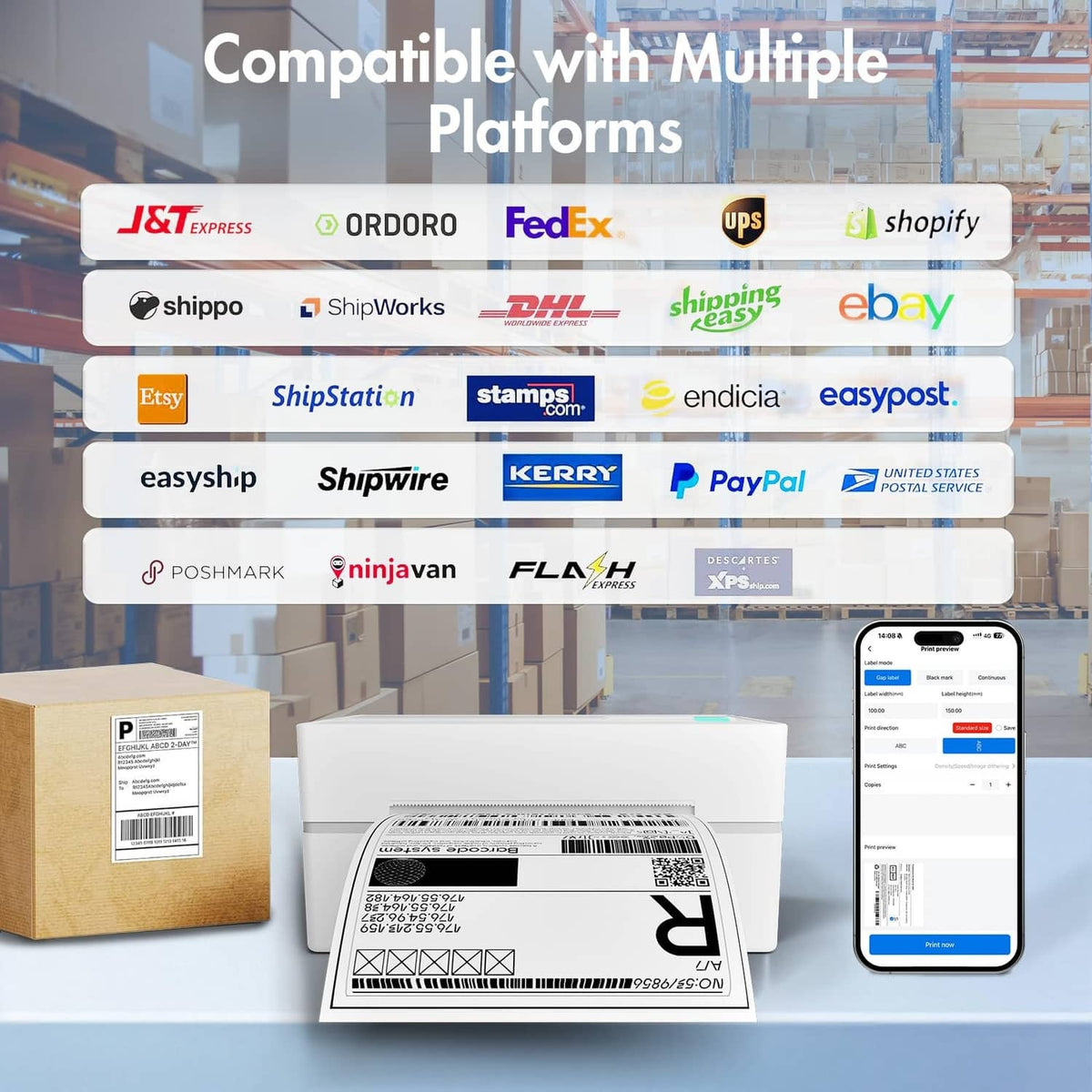 White thermal shipping label printer with printed 4x6 label and a smartphone screen