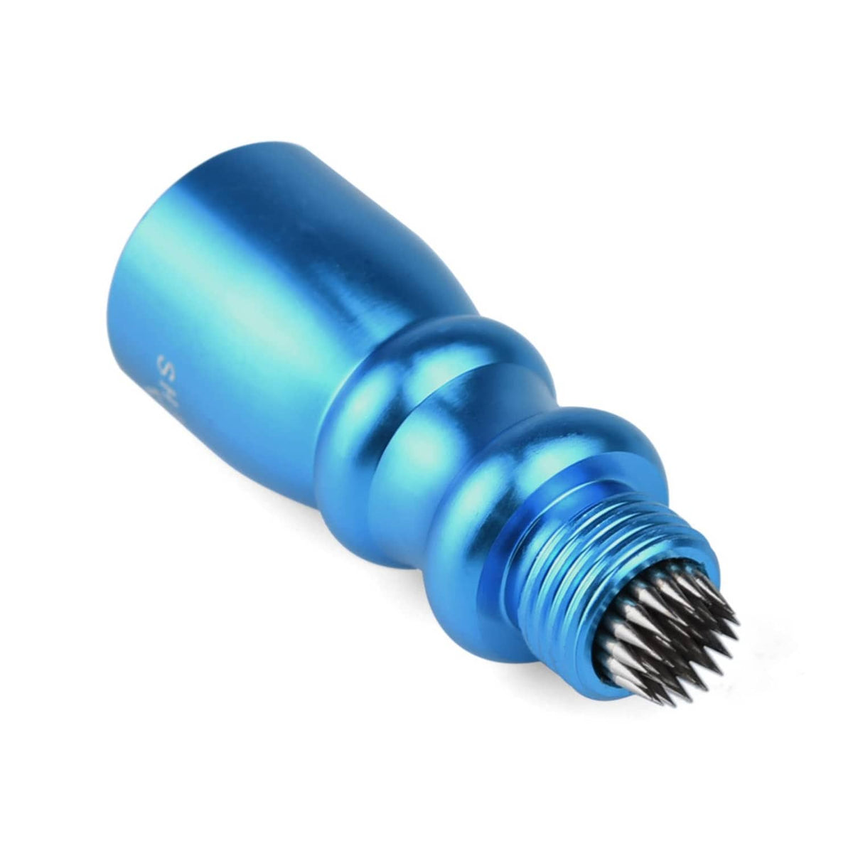 Blue cue tip shaper with threaded metal end and bristle brush tip