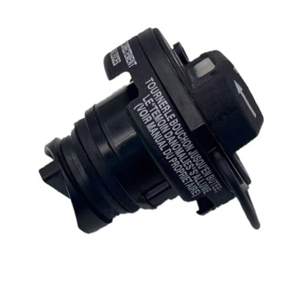 Black fuel tank filler cap with side mounting bracket and vent stem