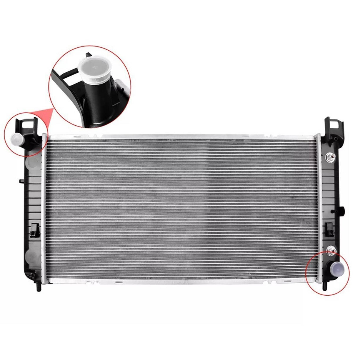 Aluminum radiator with gray cooling core, black side tanks, and mounting brackets