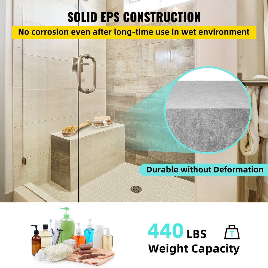Gray rectangular tile-ready shower bench seat with waterproof EPS board surface