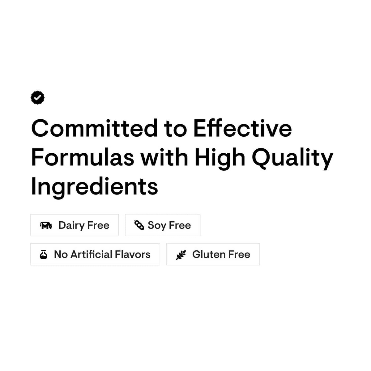 Quality ingredients infographic: dairy-free, soy-free, gluten-free, no artificial flavors