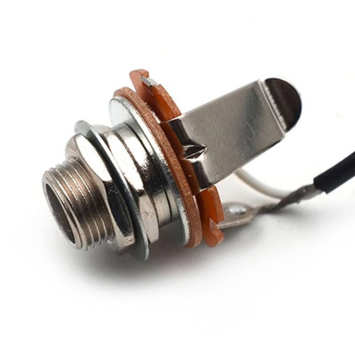 Guitar wiring harness output jack assembly with threaded metal nut and connected leads