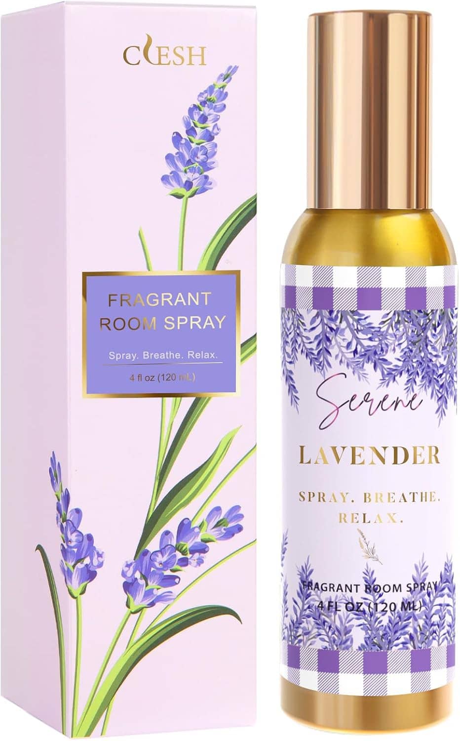 Lavender room spray bottle and pink product box with lavender stems and purple label