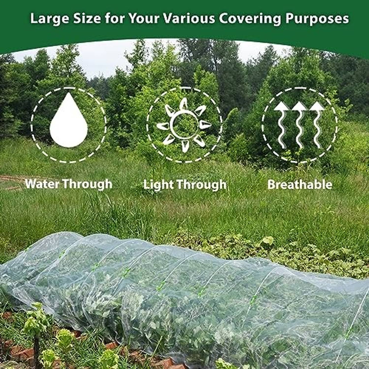 Ultra-fine breathable mesh netting laid over plants in a garden bed