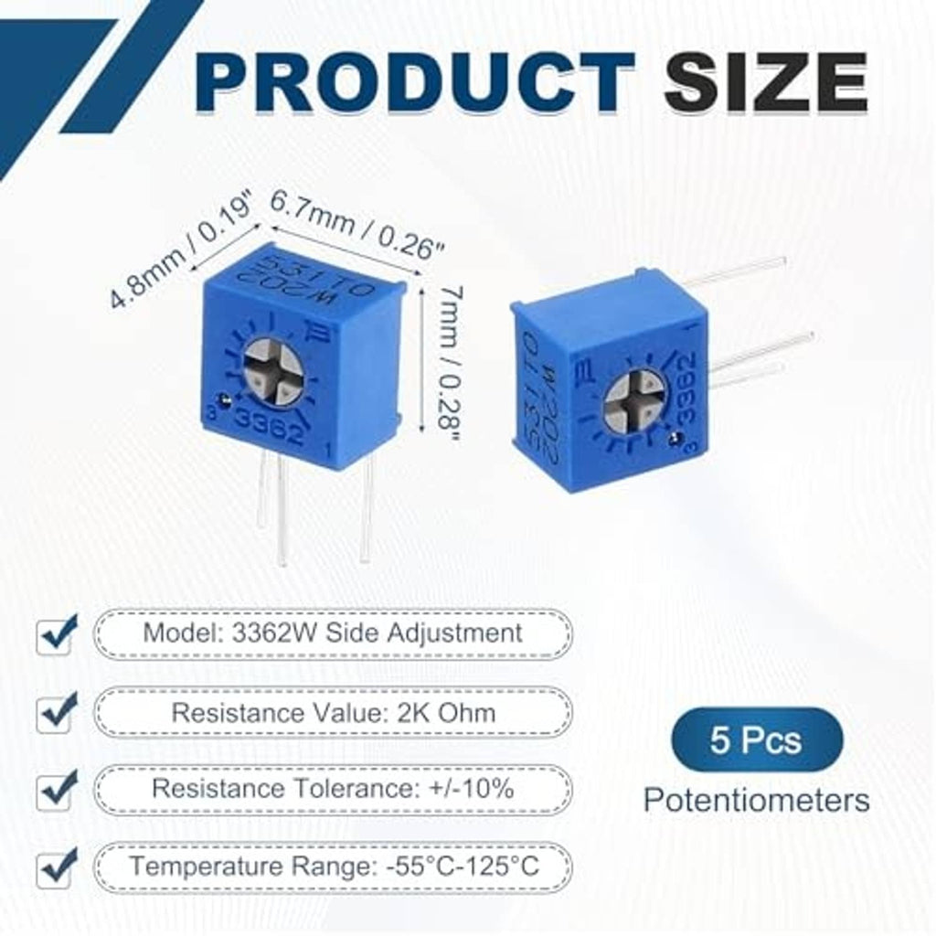 Blue side-adjustable trimmer potentiometer shown with size dimensions and 3-pin leads
