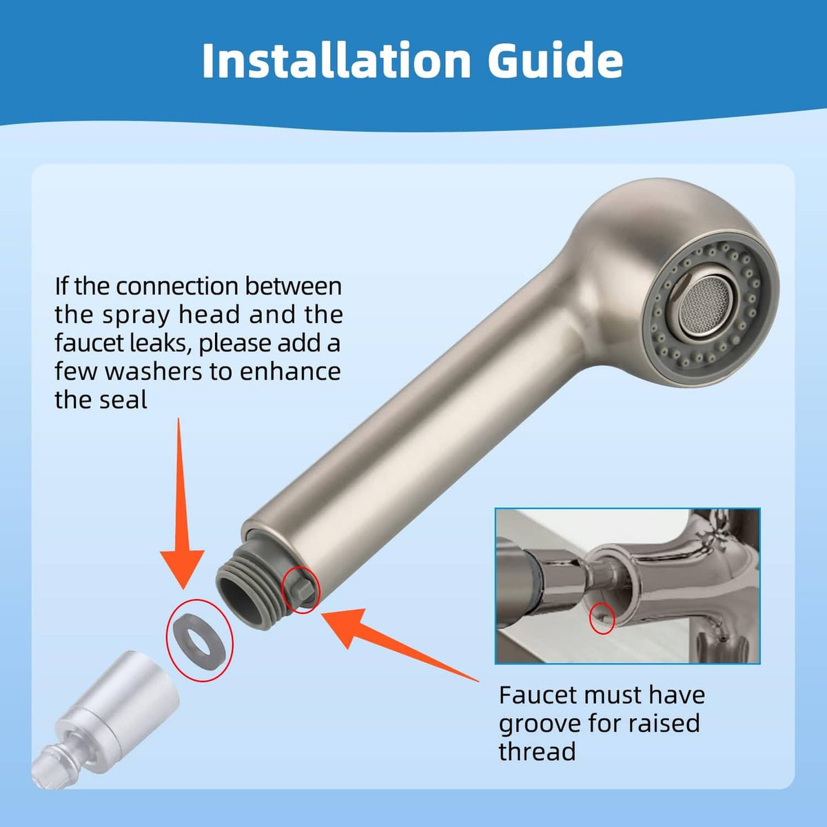 Pull-out sink sprayer head replacement with round nozzle and threaded connector for faucet