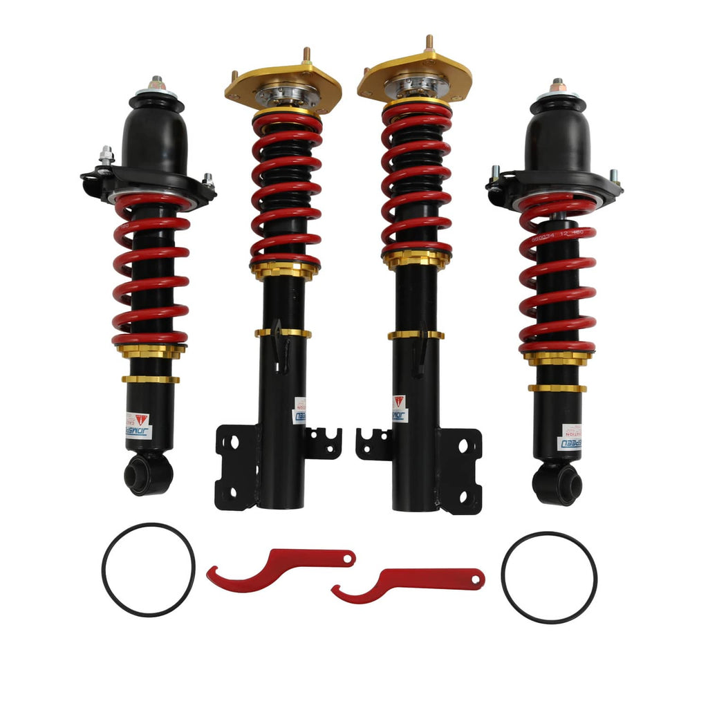Adjustable coilover lowering kit with four shocks, red springs, and mounting brackets