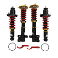 Adjustable coilover lowering kit with four shocks, red springs, and mounting brackets
