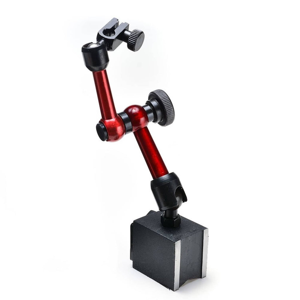 Red 3-joint adjustable magnetic base holder with black knobs and mounting bracket