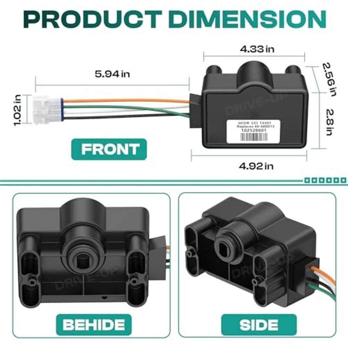 Accelerator input sensor module with multicolor wires, shown with size measurement graphic