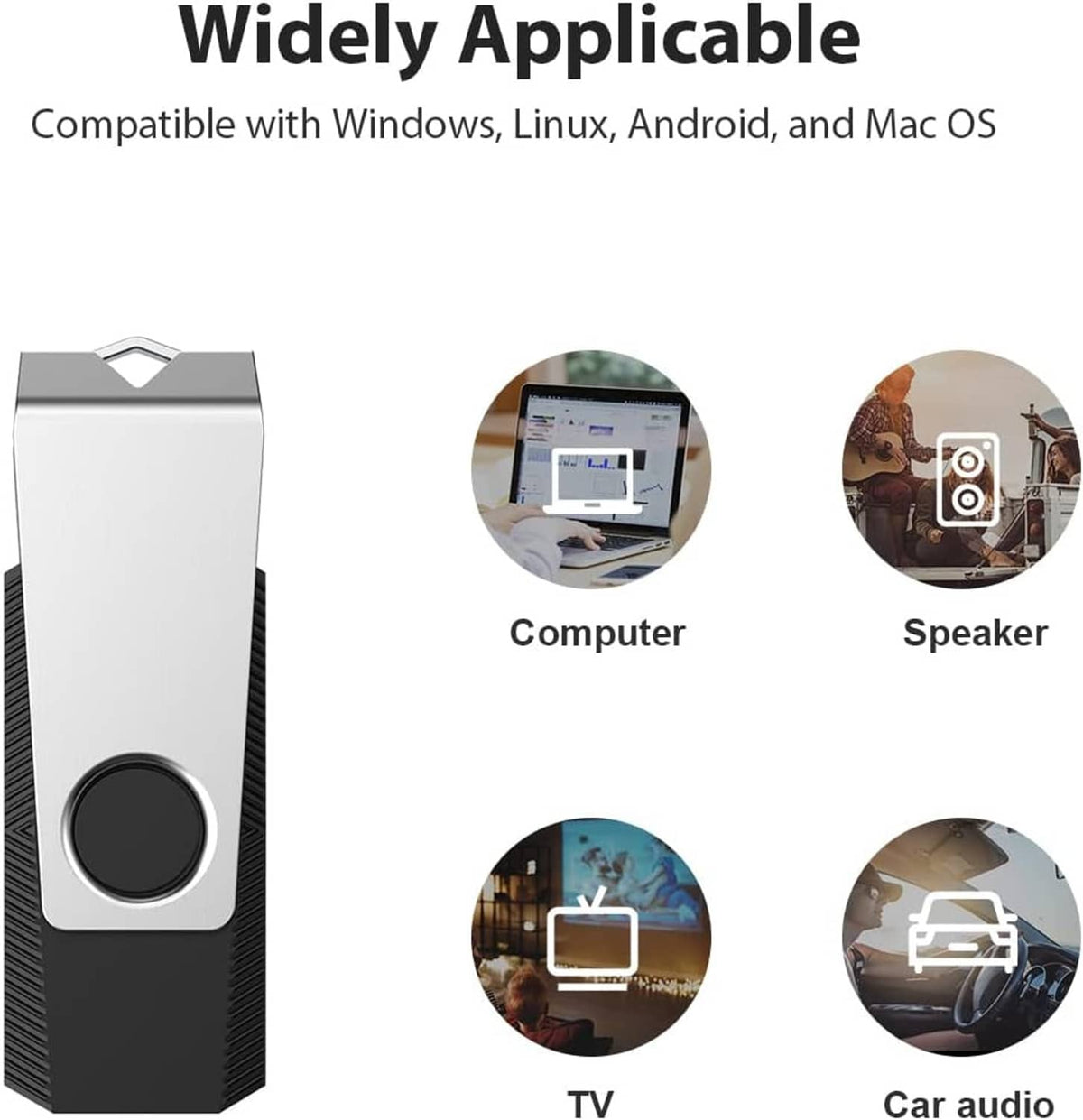USB flash drive in black with circular LED, shown with multiple device-use icons