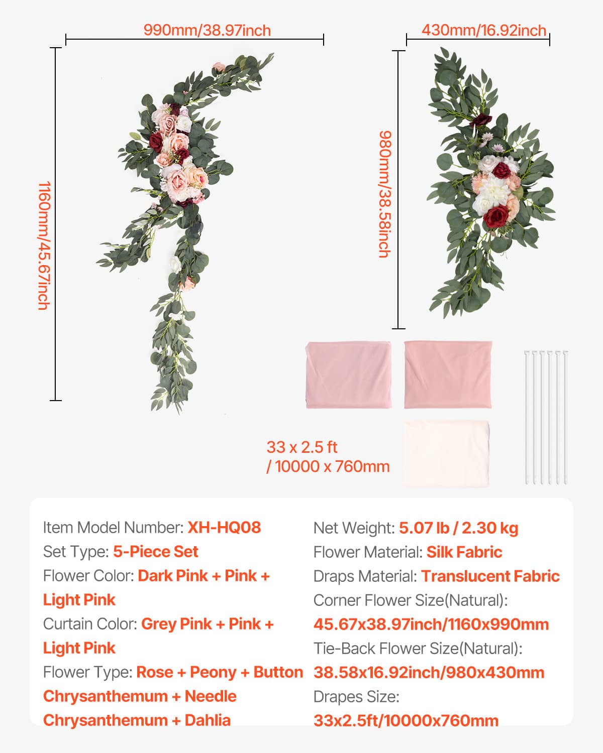 Artificial floral garlands with pink drape fabric panels and tie-back pieces, size guide