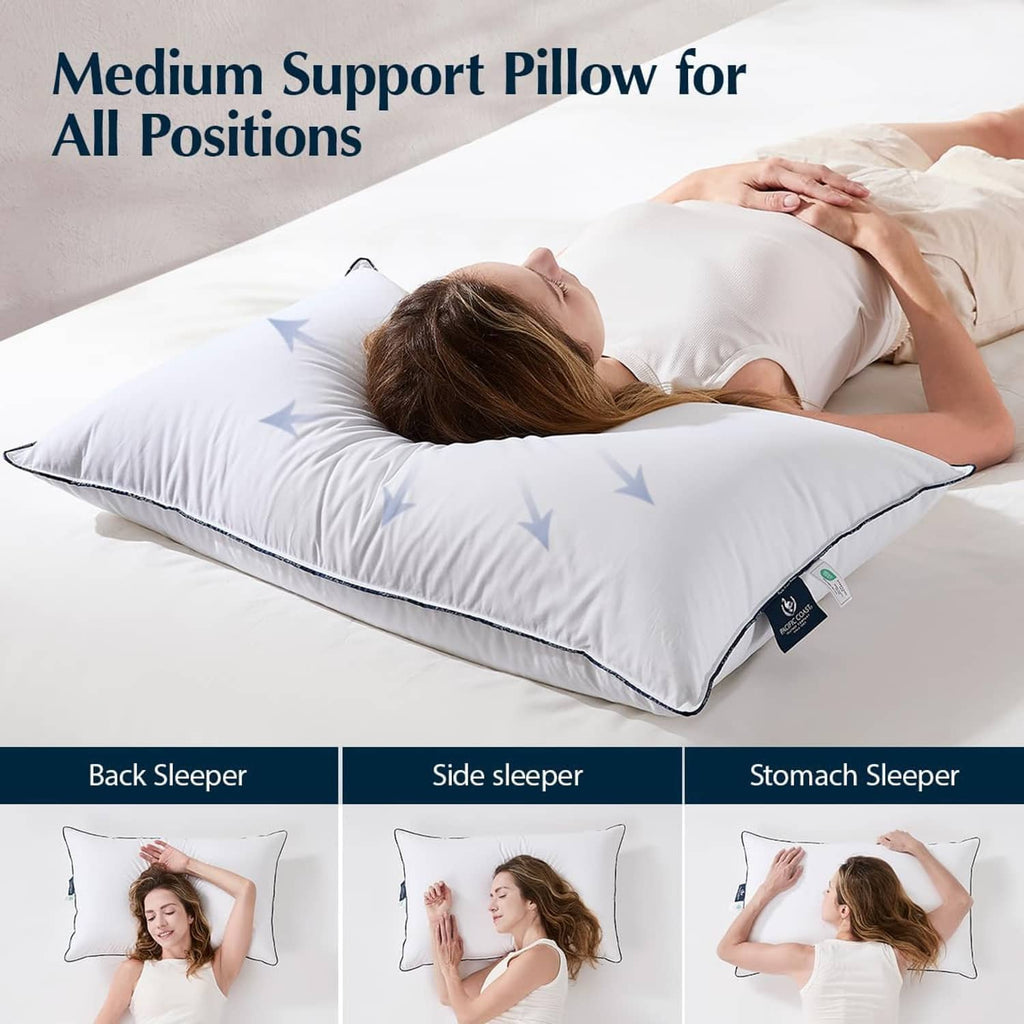 Medium-support white down fiber pillow with dark piping, for back, side, stomach sleepers