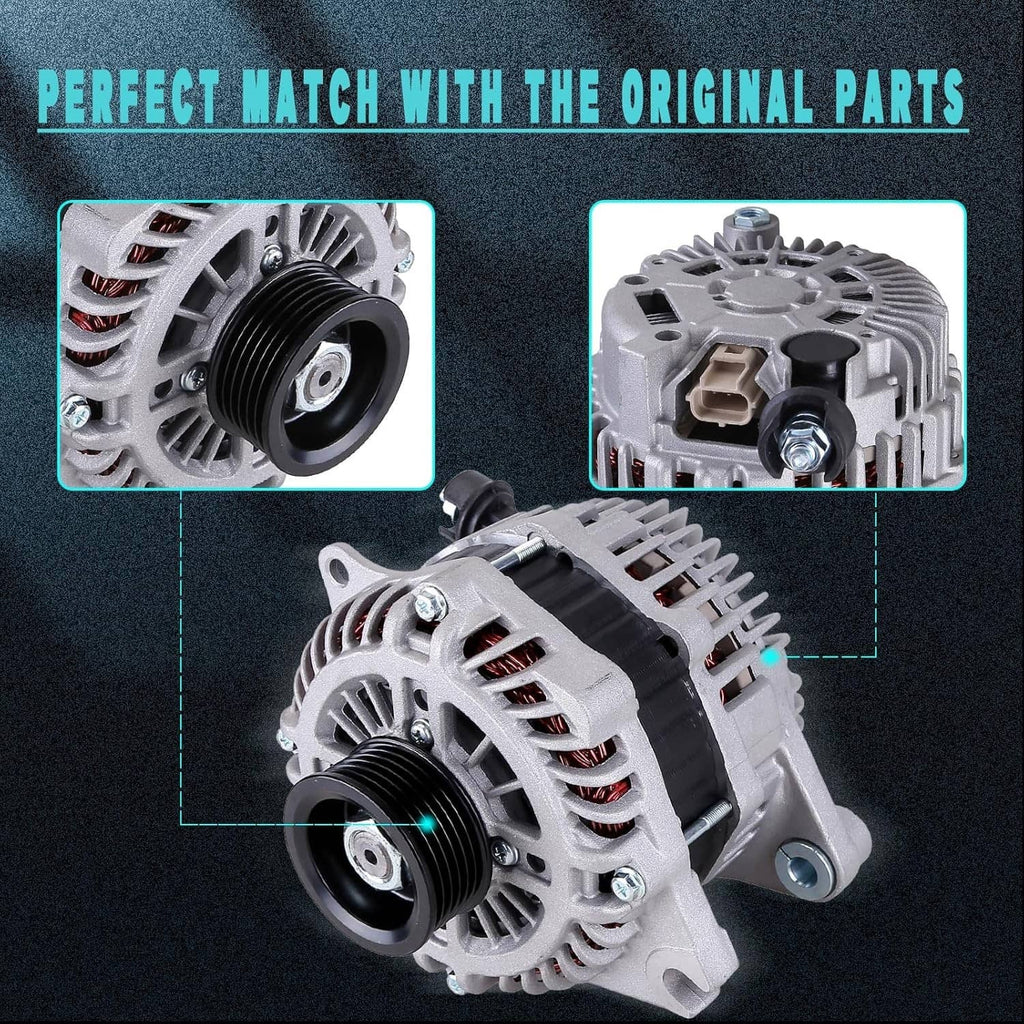 Automotive alternator with black pulley and vented silver housing, bracket side view