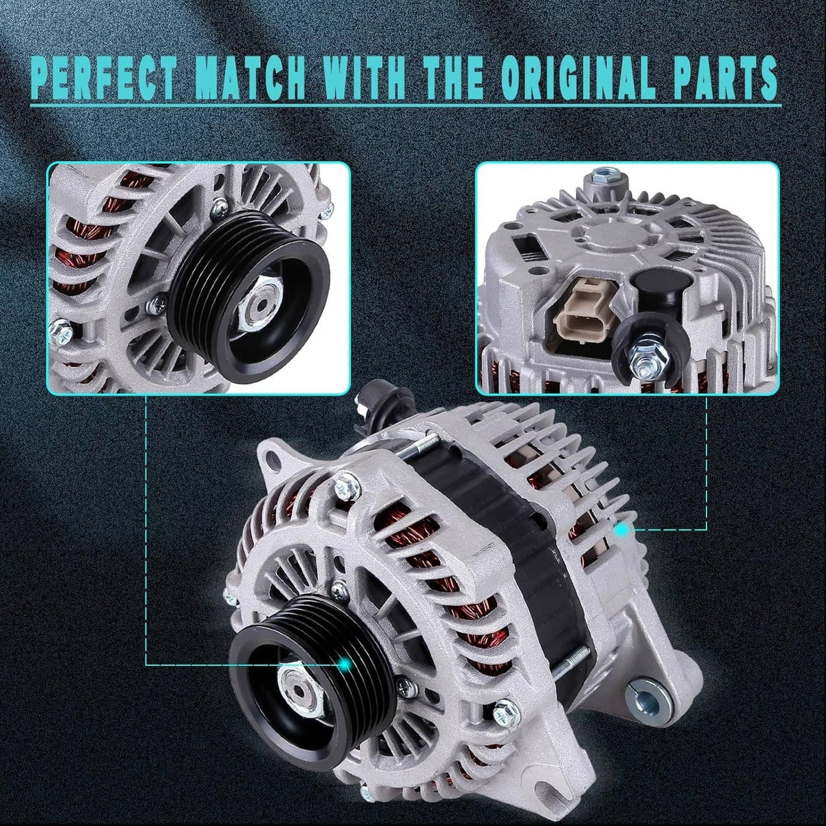 Automotive alternator with black pulley and vented silver housing, bracket side view