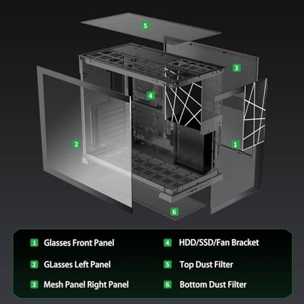 ATX mid-tower PC case cutaway with labeled front, side mesh, top and bottom dust filters
