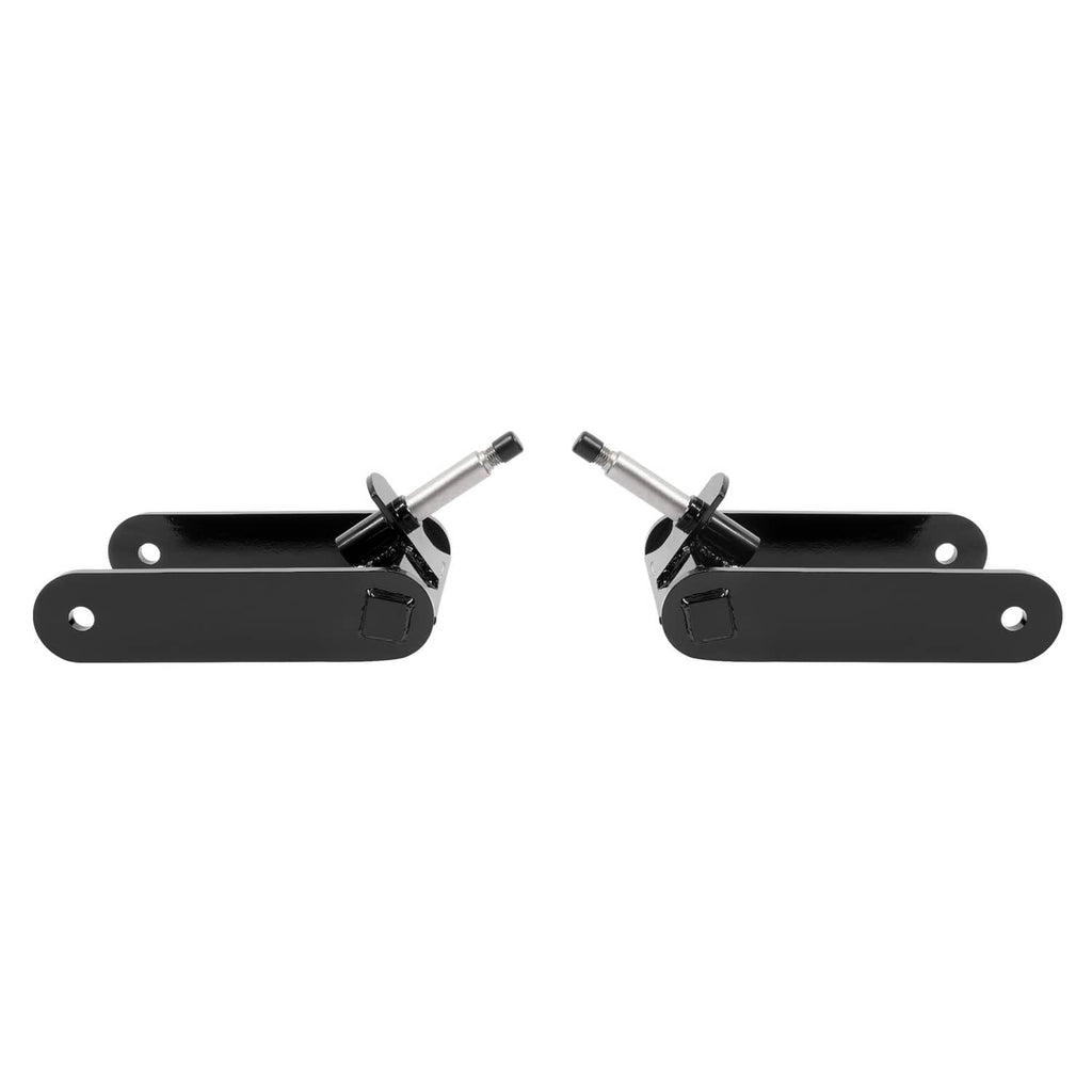 Two black mower fork plates with hardware and mounting rods