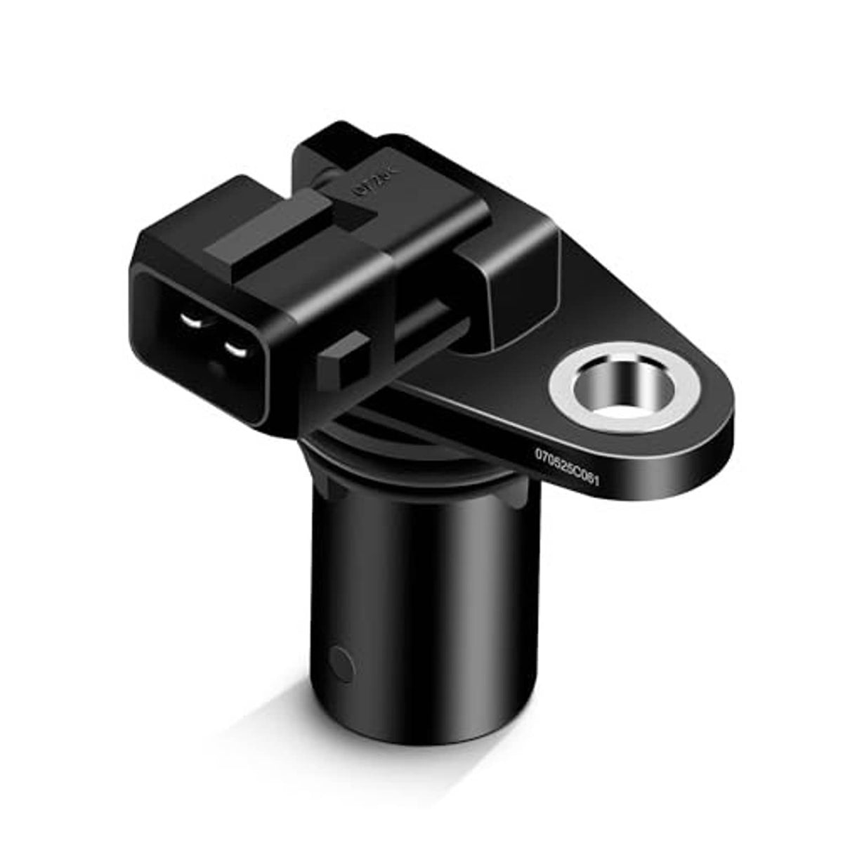 Black camshaft position sensor with silver mounting ring and angled connector