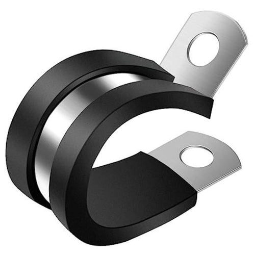 Stainless steel cable clamp with black rubber lining, open loop design, mounting plate