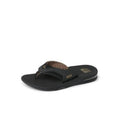 Black flip flops with brown textured footbed and thong strap