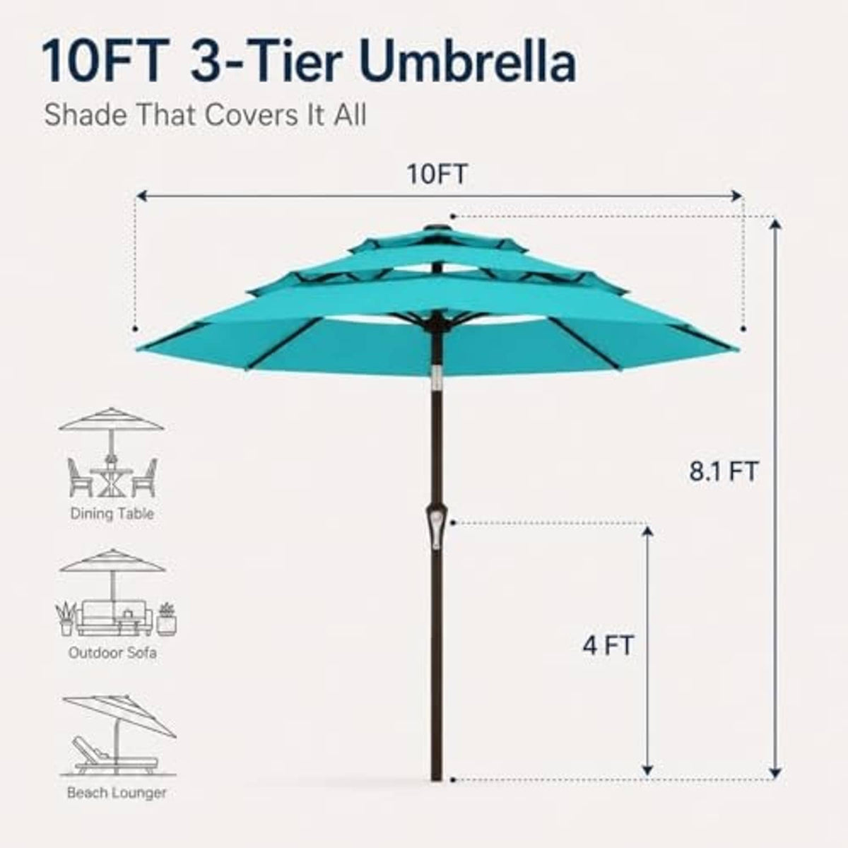 10 ft 3-tier umbrella size diagram showing canopy width and height
