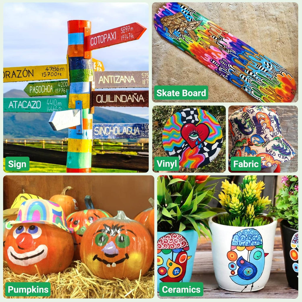 Oil-based paint markers creating colorful art on skateboard, vinyl, fabric, pumpkins, and ceramics