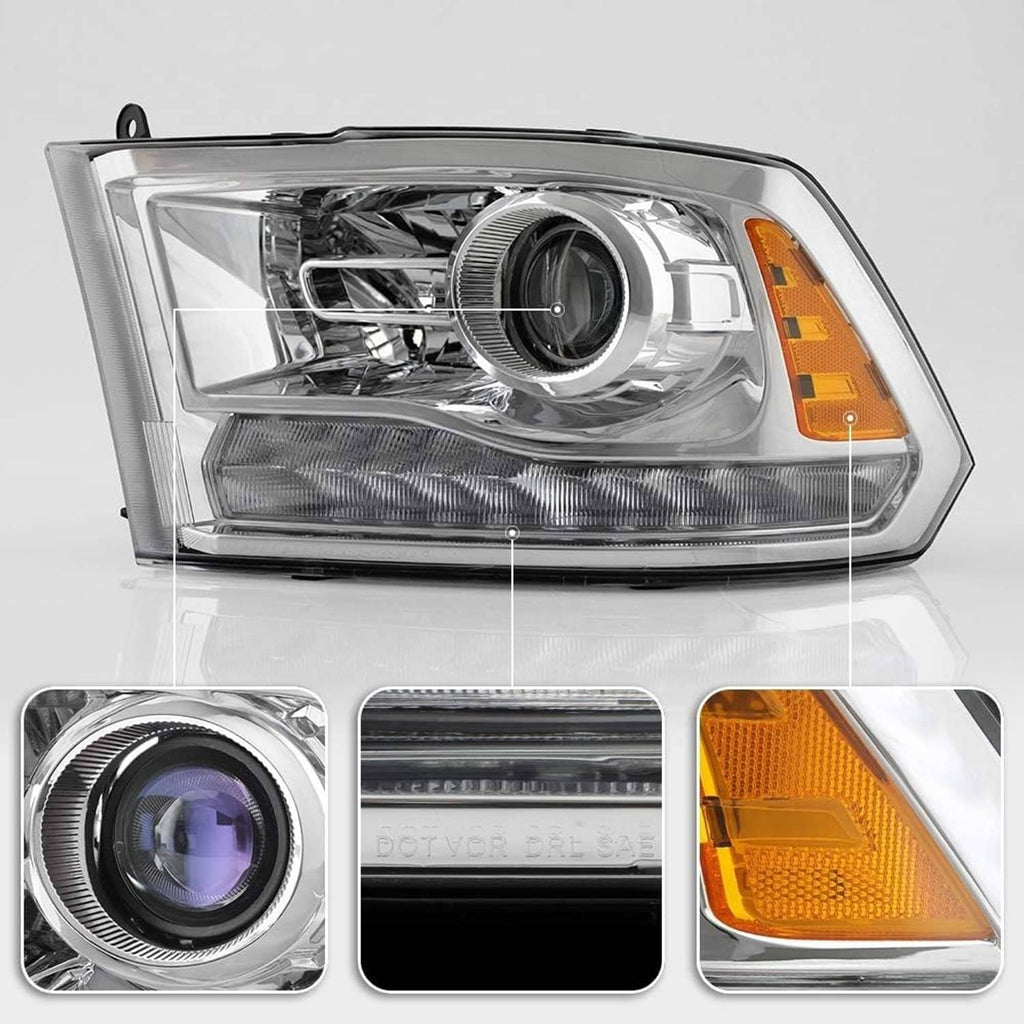 Chrome projector headlight with amber side marker and cutaway view