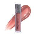 Hydrating lip gloss serum tube with silver cap and nude rose glossy gel swatch