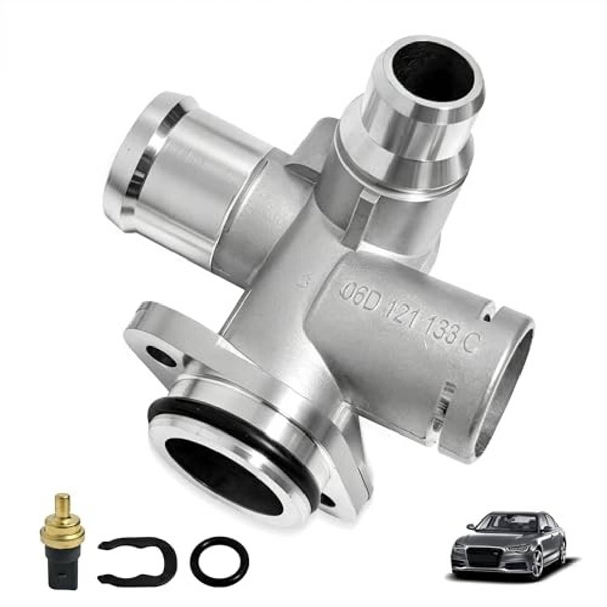 Aluminum coolant hose connector with circular ports, visible stamped part marking