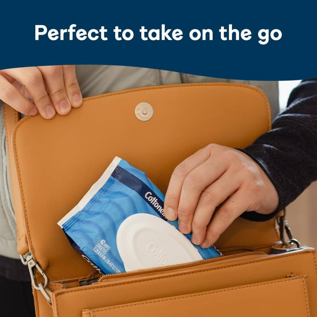 Cottonelle Fresh Care flushable wet wipes in a bag pocket while pulled out