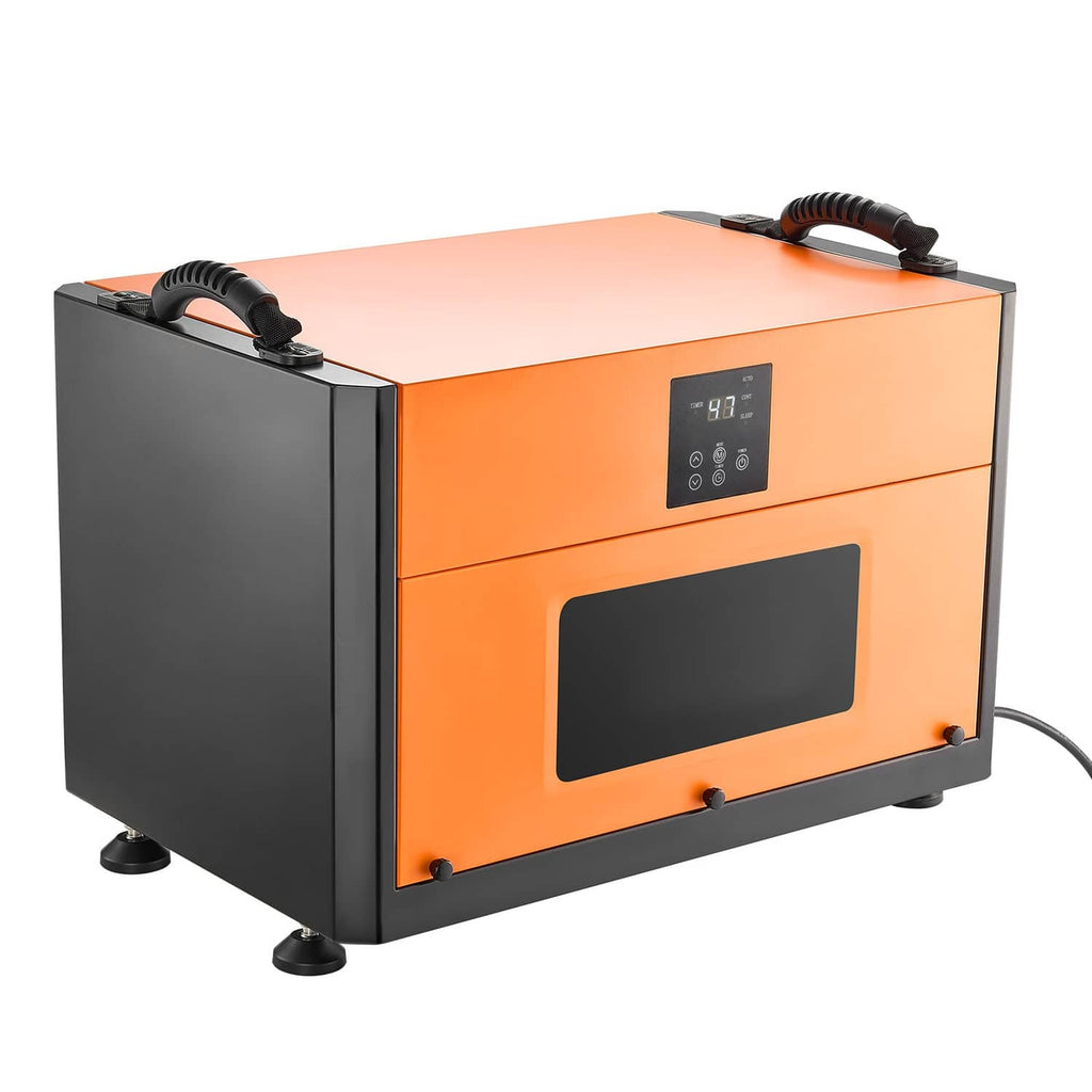Commercial dehumidifier, orange and black with front display window and top handles