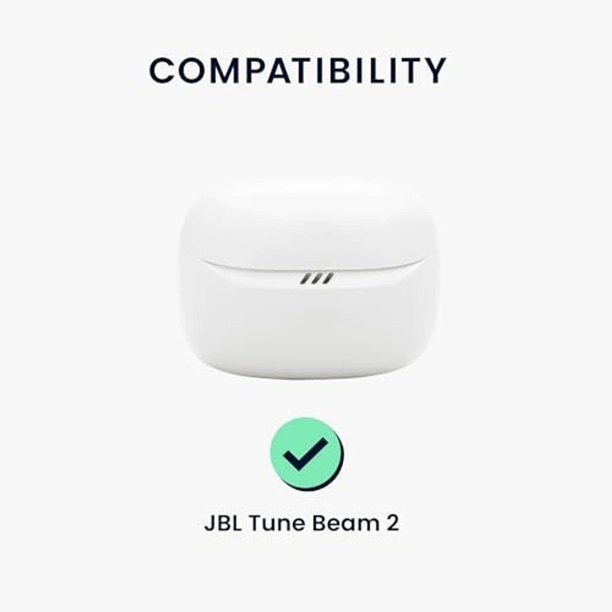 White earbuds charging case cover with compatibility check mark