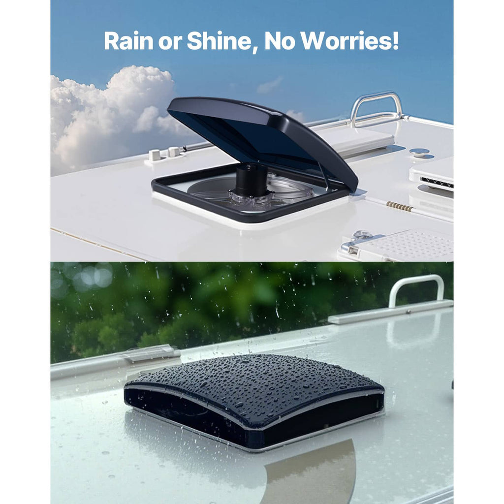 RV roof vent fan with closed dark lid on the vehicle roof