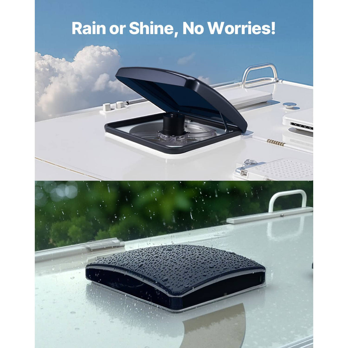 RV roof vent fan with closed dark lid on the vehicle roof