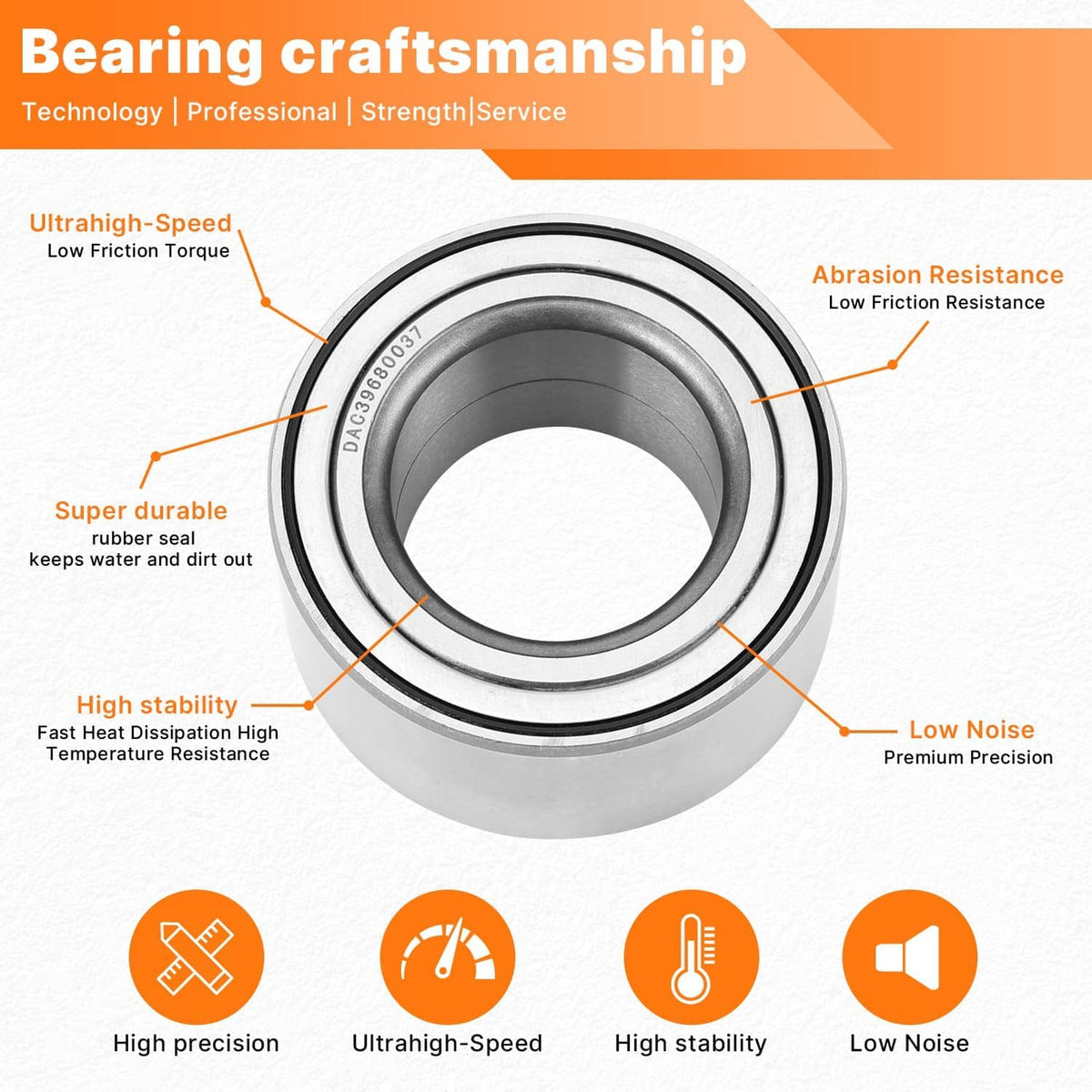 Metal wheel bearing with rubber seal and inner race view