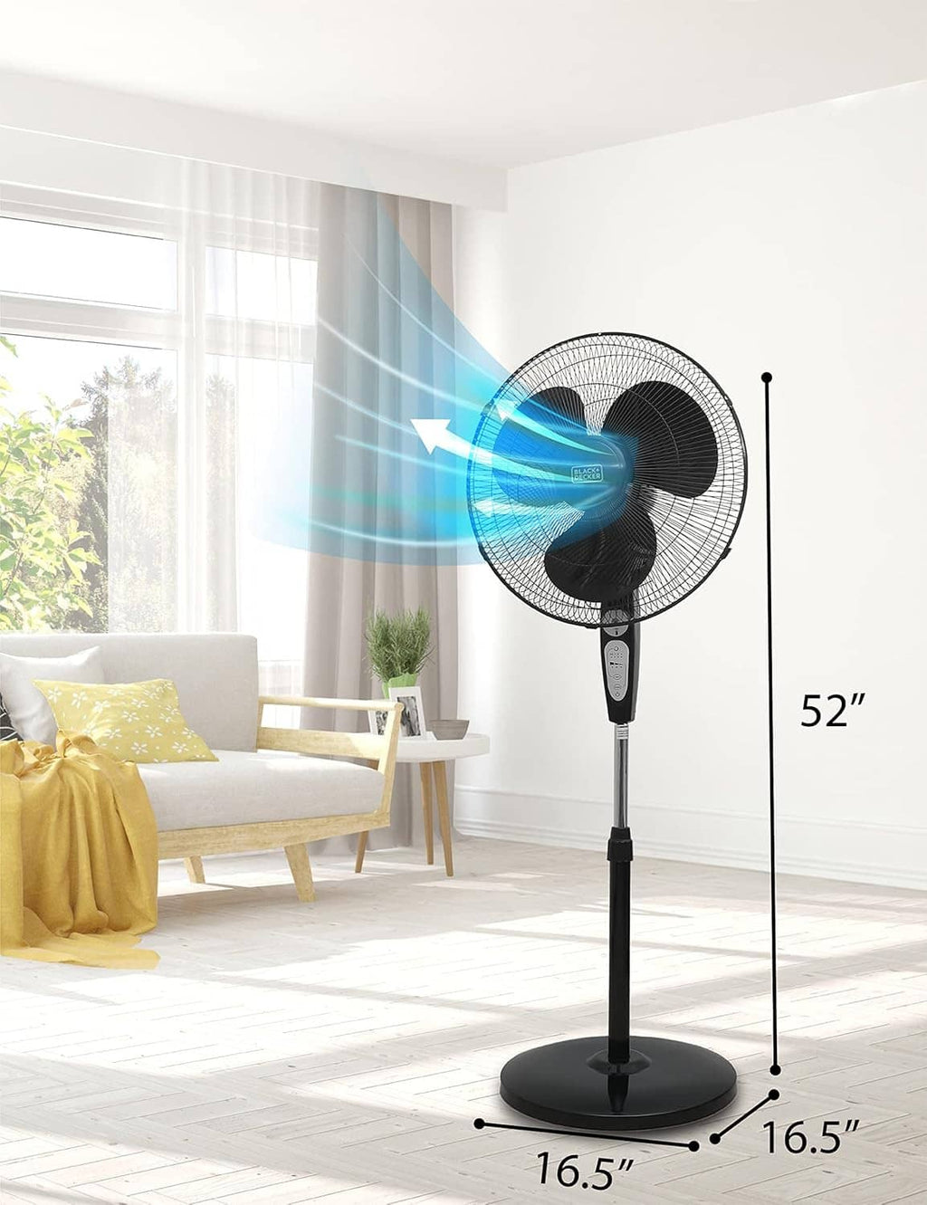 Black stand fan on pedestal base with oscillation airflow arc and height guides