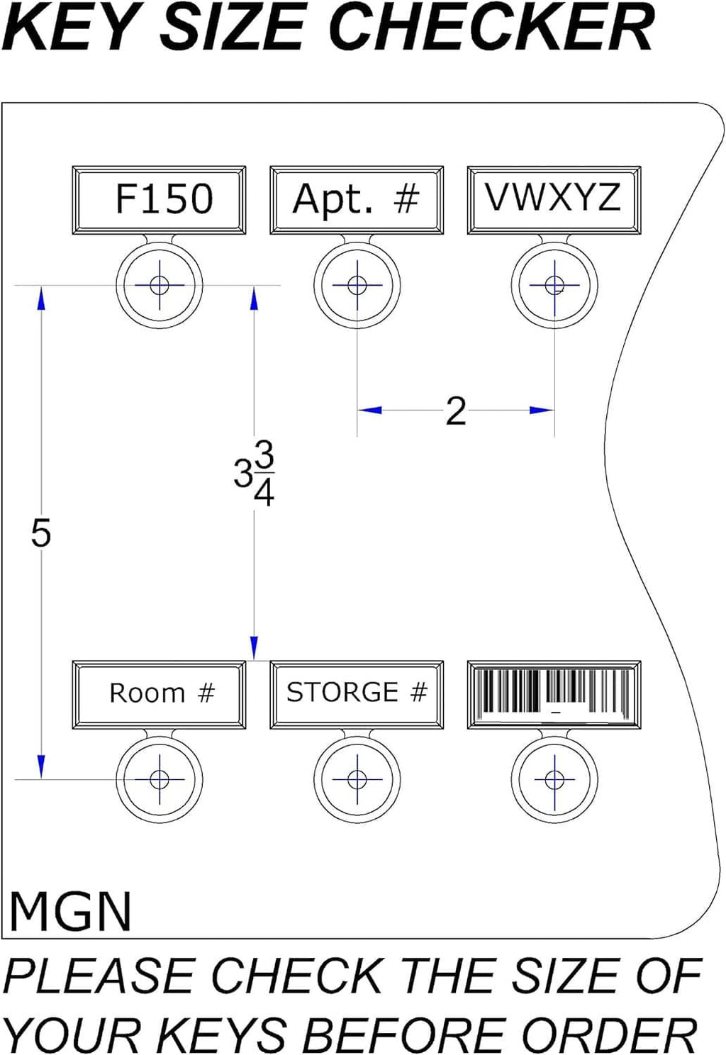 Key size checker diagram for MGN tag and ring dimensions