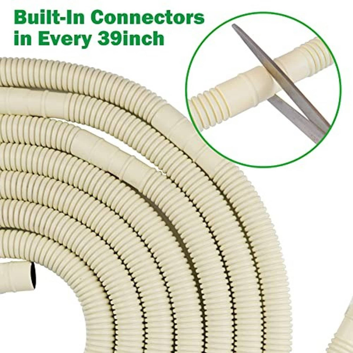 Beige corrugated drain hose with stepped connector ends and visible insert.