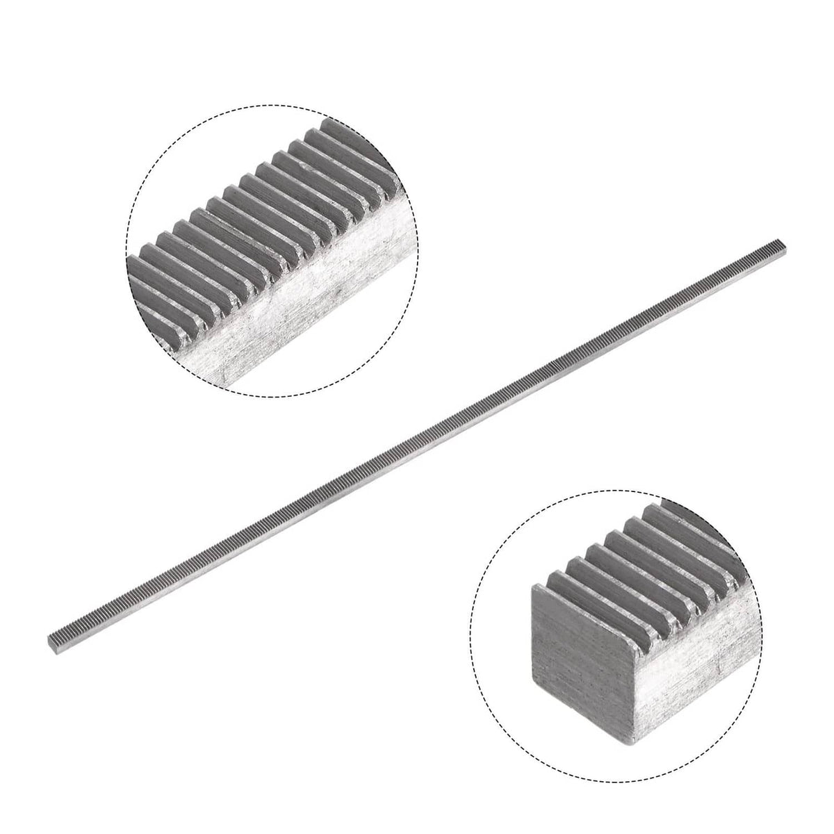 Carbon steel gear rack with straight tooth row and inset profile close-ups