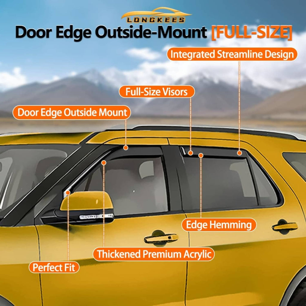 Dark smoke window rain guards mounted along SUV door window edges