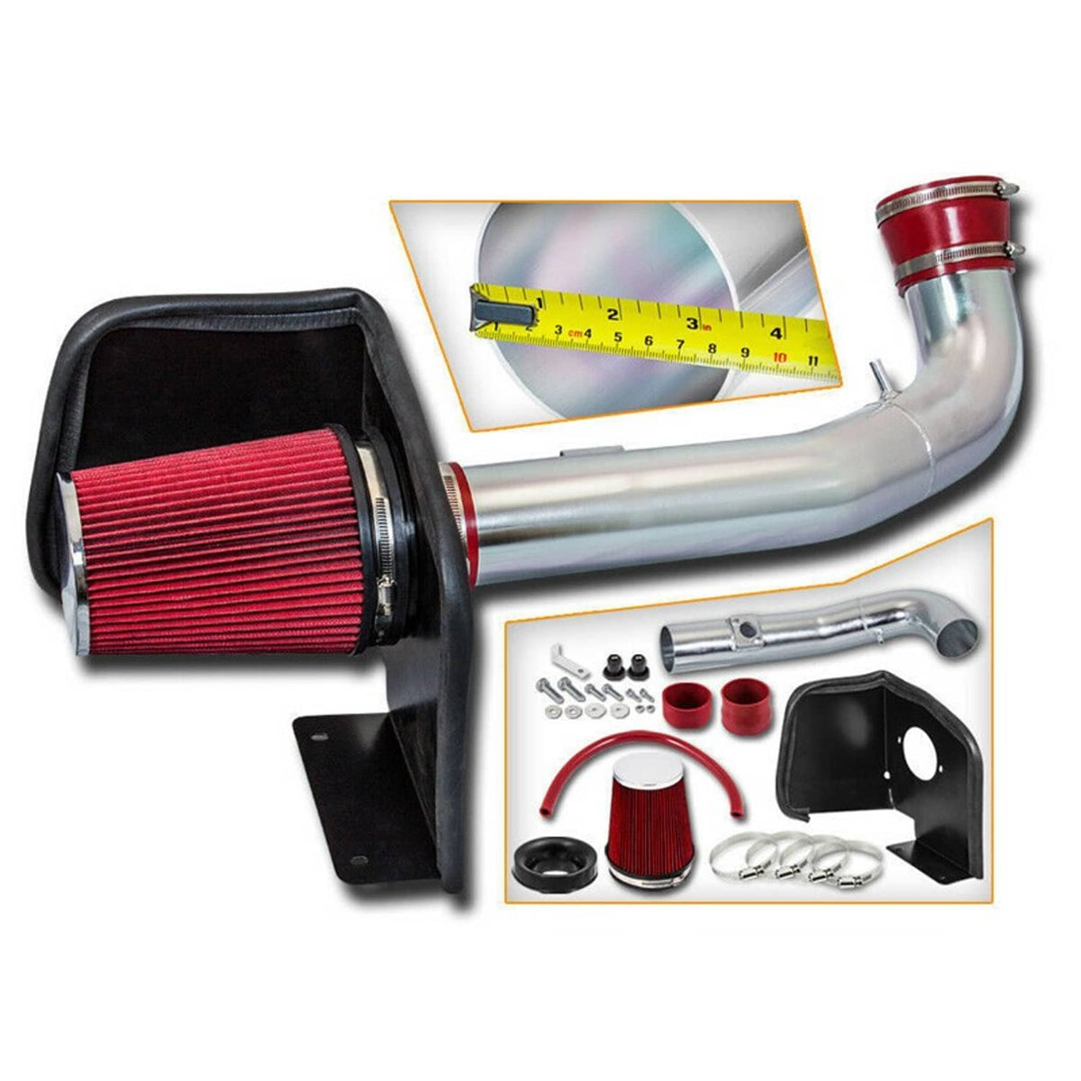 Cold air intake kit components: red cone filter, chrome tube, black heat shield parts