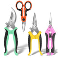 Multicolor 4-pack garden pruning shears with black, green, yellow, and pink handles.