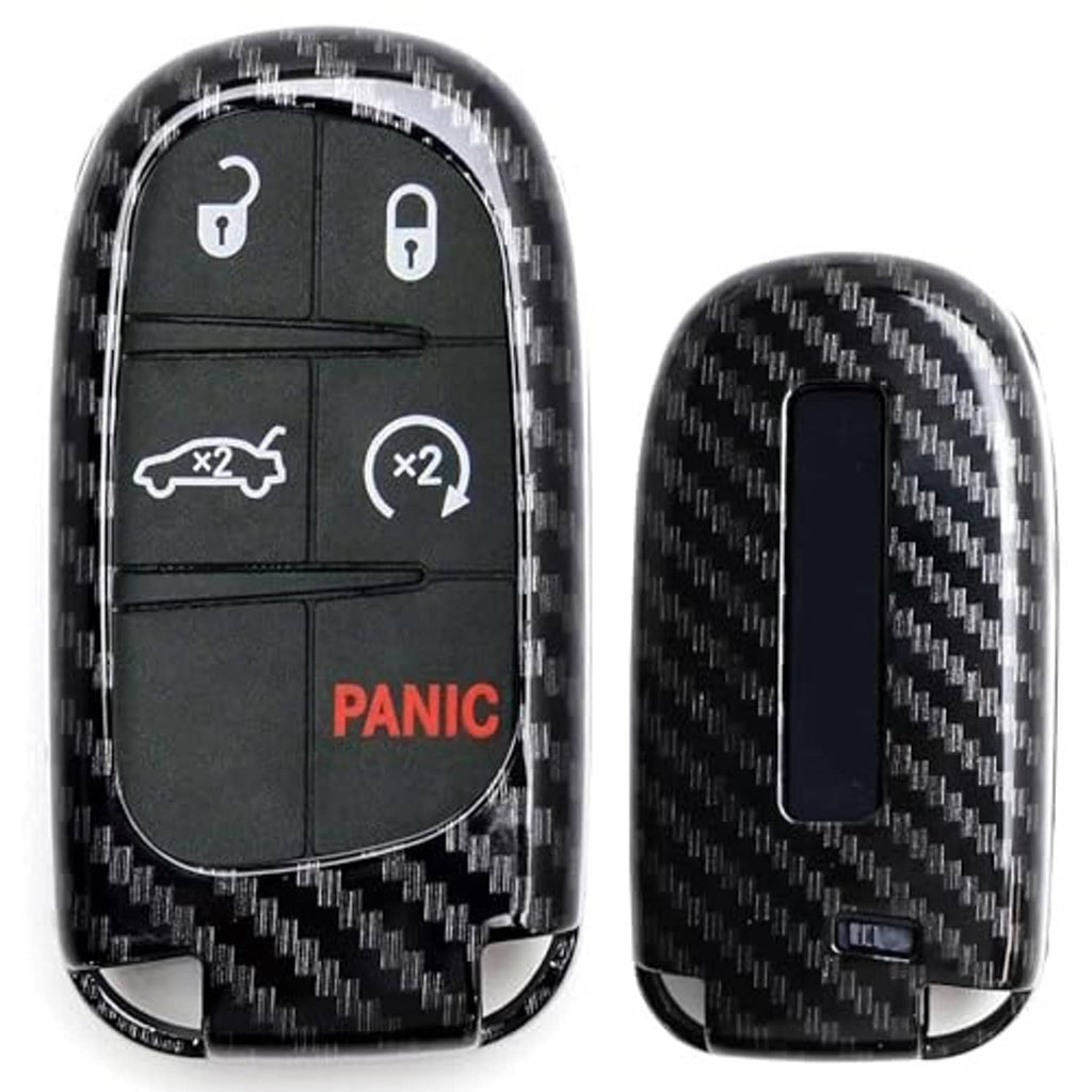 Glossy black carbon fiber key fob shell with front buttons, plus side view