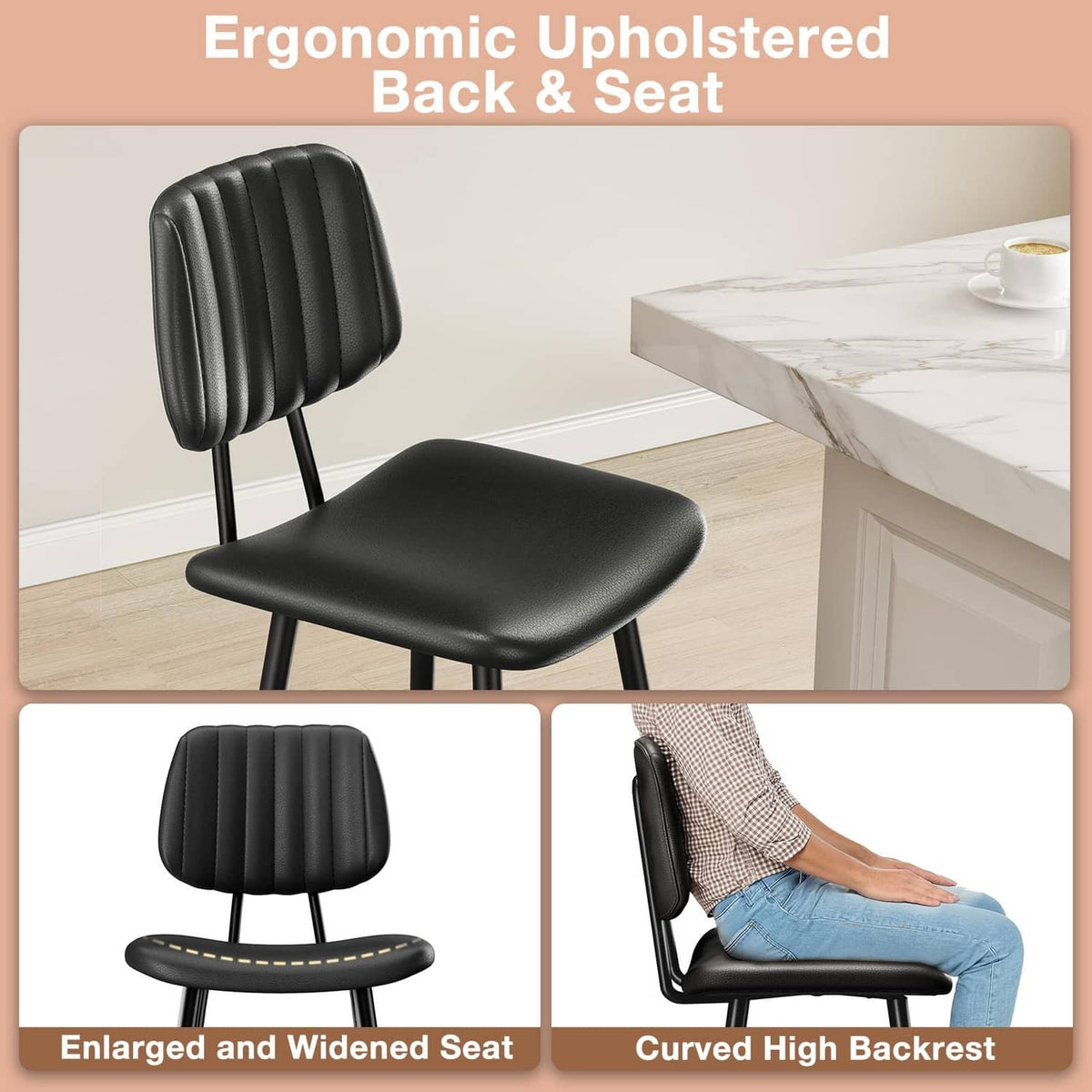 Black counter-height bar stool with padded backrest and wider cushioned seat.