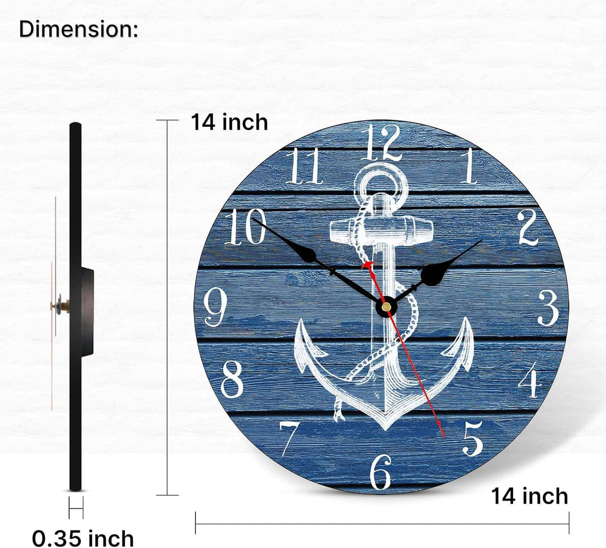 14-inch round nautical wall clock, blue anchor dial, white numerals, black hands