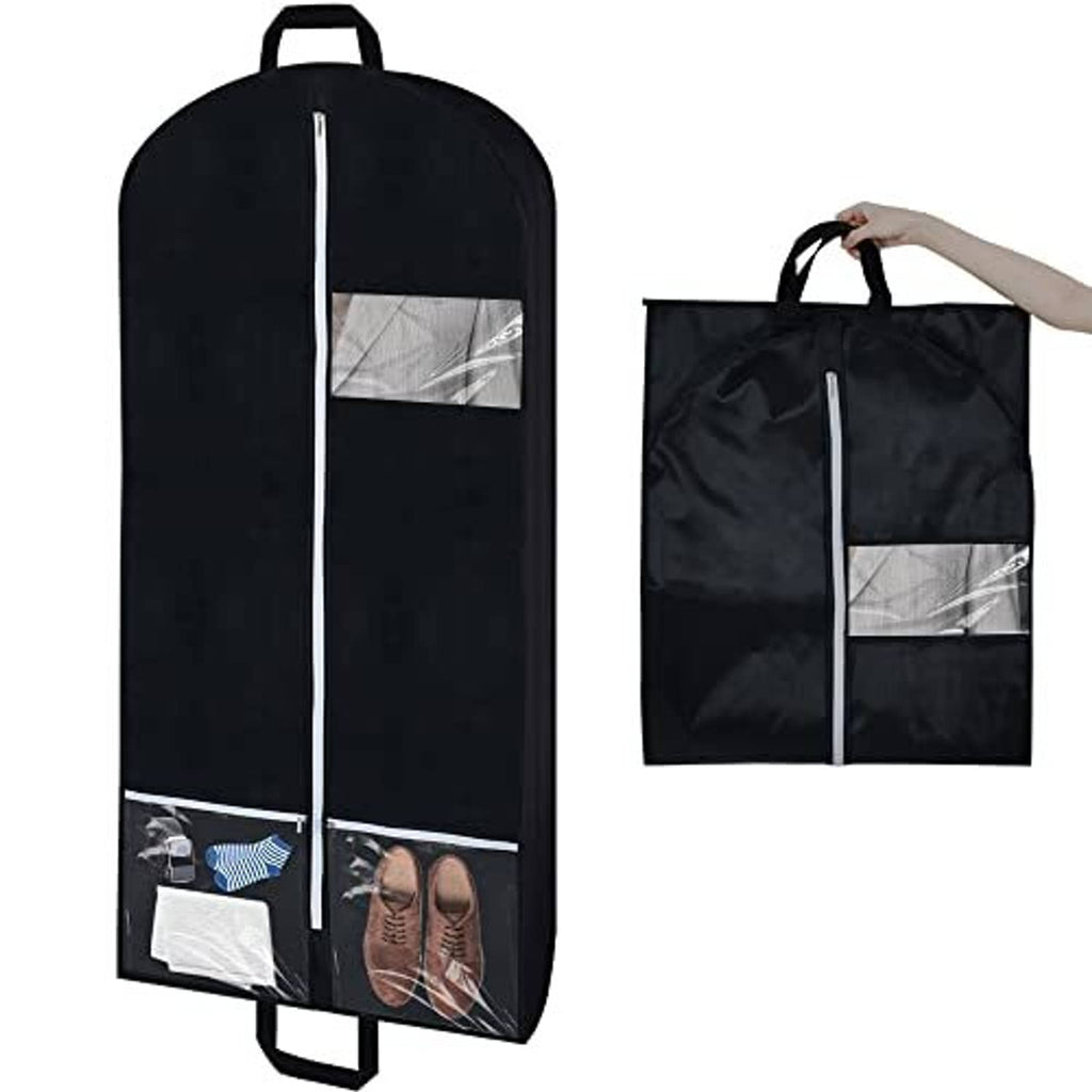 Black hanging garment bag with front zipper, clear window pocket, and bottom storage panel