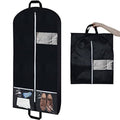 Black hanging garment bag with front zipper, clear window pocket, and bottom storage panel